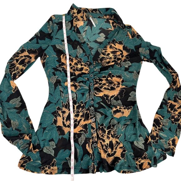 Free People Lucky Shirtee Black Bloom Green Floral Mesh Top Size S - Picture 8 of 13
